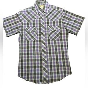 Wrangler Mens Small Short sleeve Pearl Snap Western Shirt Purple and Black Plaid